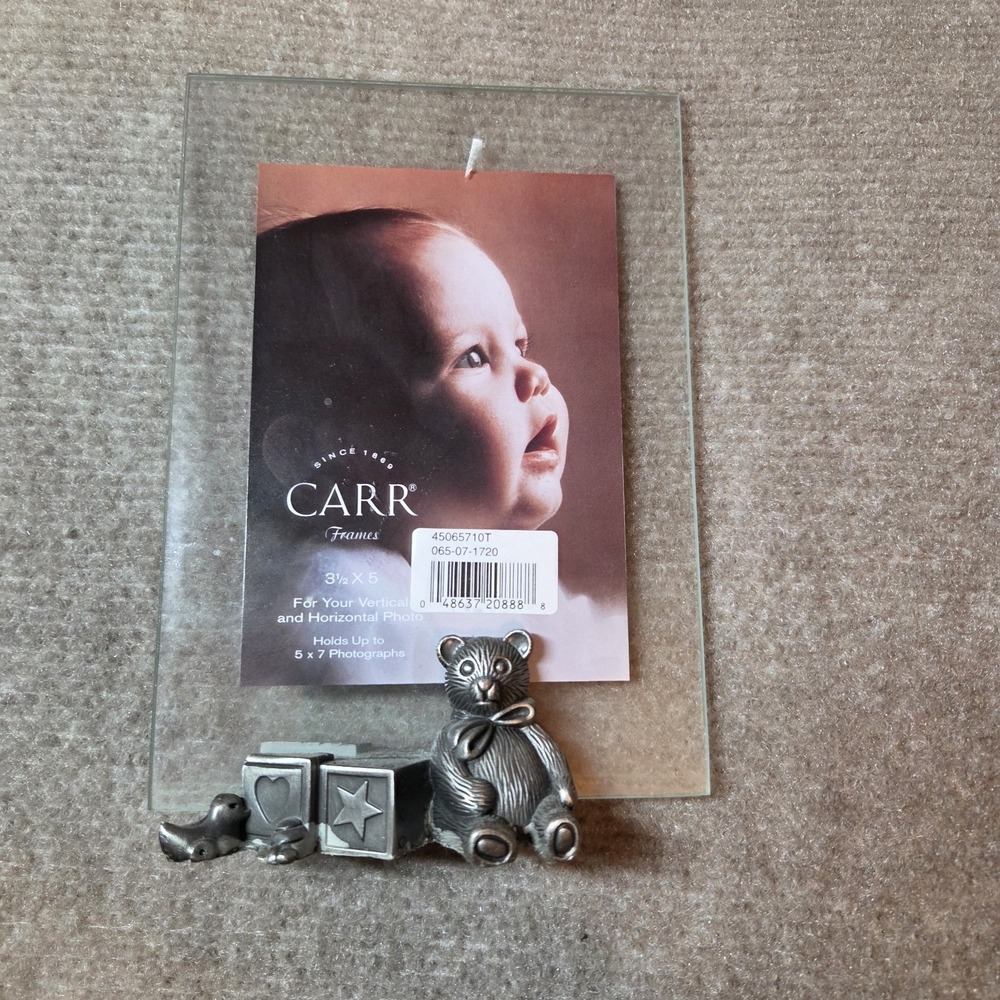 Carr Glass "floating" Nursery Picture Frame Teddy Bear Blocks Silver Clear